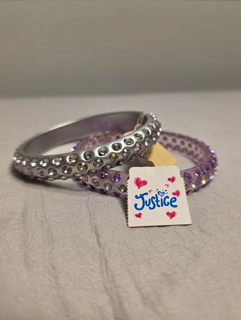 NWT Girls Silver and Lavender Rhinestone Bangle Set of 2